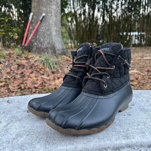 Sperry Top-Sider Saltwater Womens Black Quilted Duck Boots Waterproof Ankle Boot
